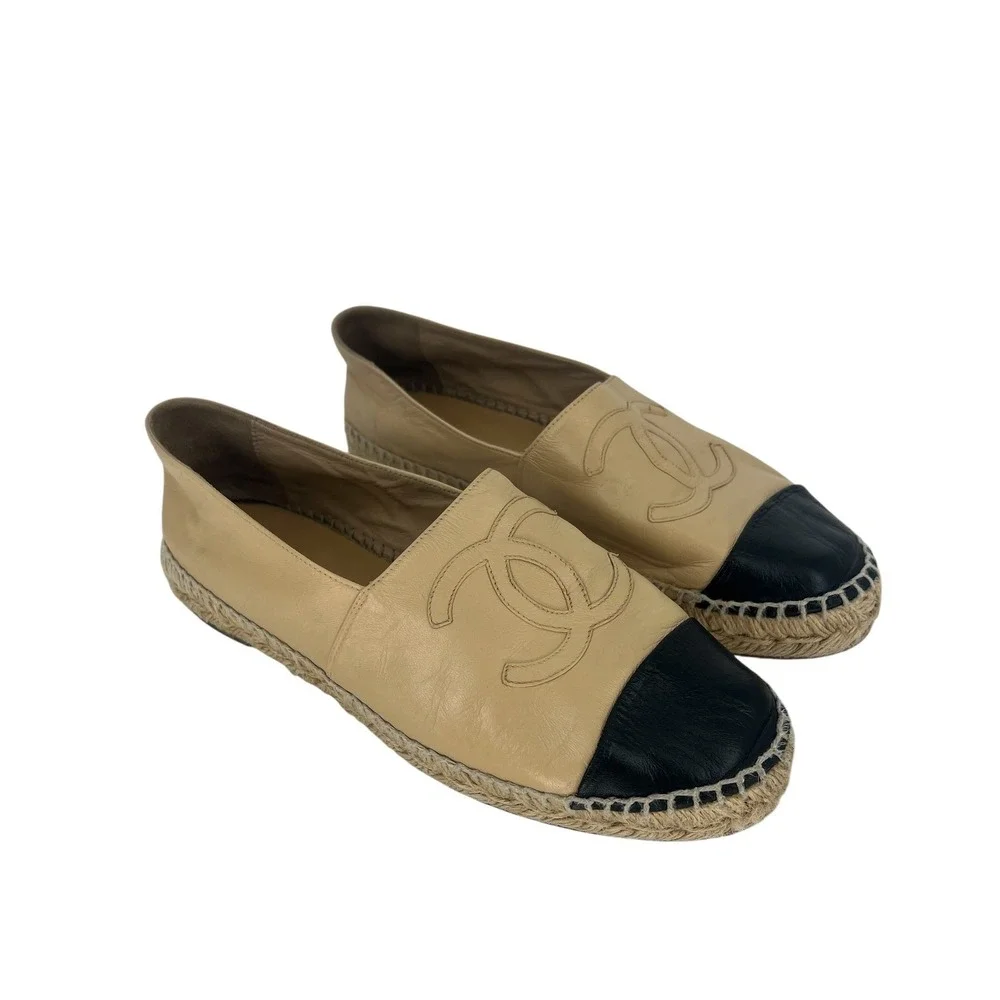 Chanel Lambskin CC Cap Toe Espadrilles Beige Black Size 41